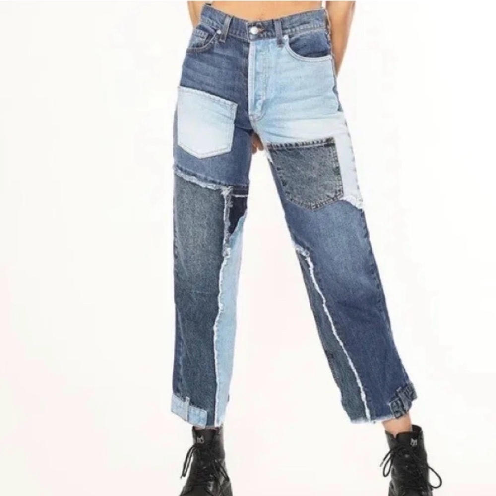 REVICE Patchwork Cropped Ankle Jeans in Multi Wash Blue